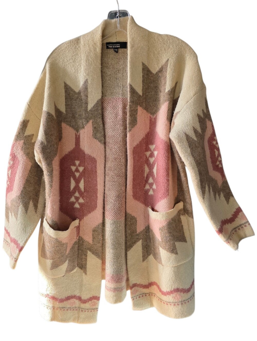 Boho Open-Front Aztec Pocket Cardigan Pink, Cream, & Brown Size Small/Medium